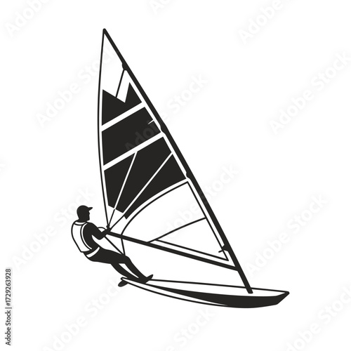 A dynamic silhouette of a windsurfer catching the wind on a sailboard, isolated black vector illustration for sports design