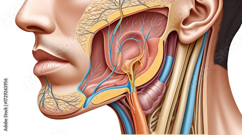 Parotid salivary gland. The structure of the parotid salivary gland. Vector illustration on isolated background
