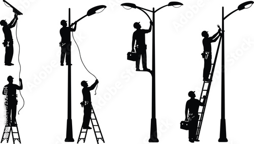 Silhouette streetlight workers ladder climbing repair maintenance electricity installation safety construction urban lighting vector illustration industry labor teamwork night infrastructure