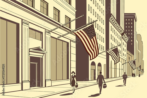 Fifth Avenue in New York City, upscale boulevard with luxury storefronts and American flags