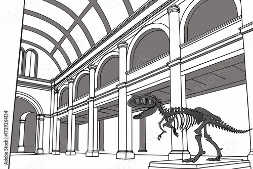 Field Museum in Chicago, Illinois, neoclassical colonnade with iconic T. rex skeleton inside