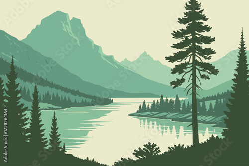 Elizabeth Lake in Montana, peaceful glacial lake surrounded by mountains and forested shores