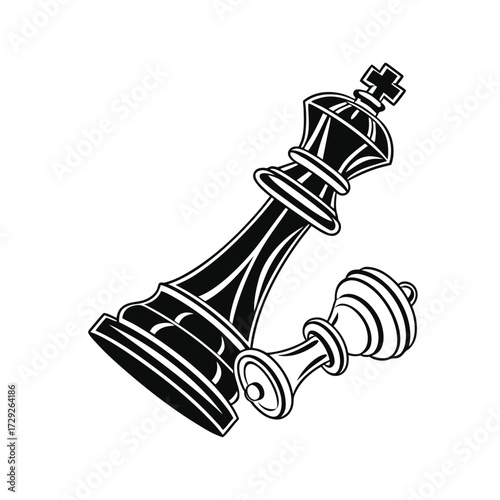 Stylized black silhouette of fallen royal chess pieces, depicting strategic defeat or the end of a powerful game, with a bold and graphic artistic rendering