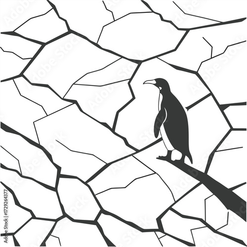 Penguin on a Branch in a Cracked Landscape Minimalist Silhouette