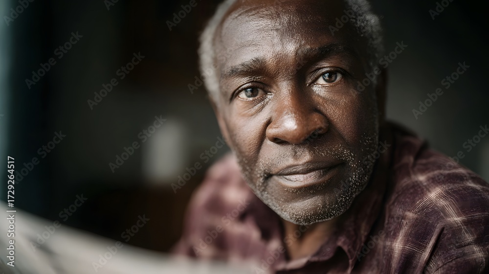 Obraz premium A close up portrait of an elderly African man with grey hair and a thoughtful expression looking directly at the