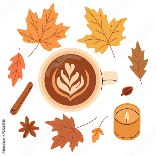 Vector illustration of a cup of coffee surrounded by autumn leaves, candle, cinnamon and anise. Cozy autumn concept for seasonal design, posters, social media and advertising