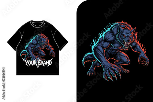 T-shirt design featuring a menacing werewolf illustration with glowing blue and red accents, displayed on a black shirt mockup.