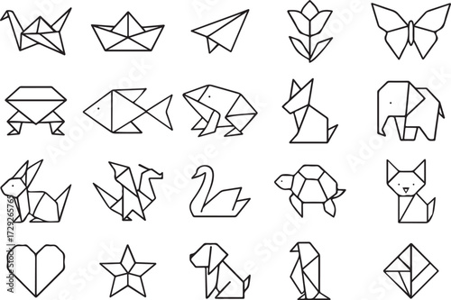 Origami Line Icon Set Paper Crane, Boat, Airplane, Butterfly, Animals, Flowers, and Geometric Folded Shapes Vector