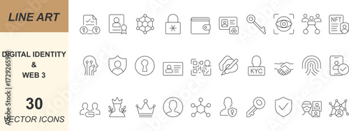 Digital Identity and  Web3 icon set with minimal line art designs of blockchain, wallet, NFT, keys, security, and verification. Perfect for apps, web, crypto, finance, and UI projects.