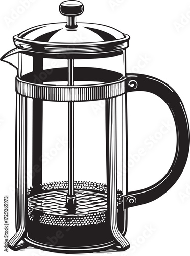 French Press for Coffee or Tea Hand-drawn Vector Illustration, Sketch Drawing Doodle Line Linear Symbol Icon Engraving Coloring Book, Black and White Isolated