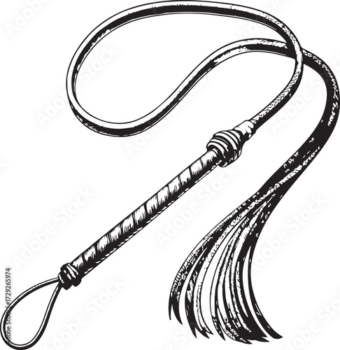 Whip Hand-drawn Vector Illustration, Sketch Drawing Doodle Line Linear Symbol Icon Engraving Coloring Book, Black and White Isolated