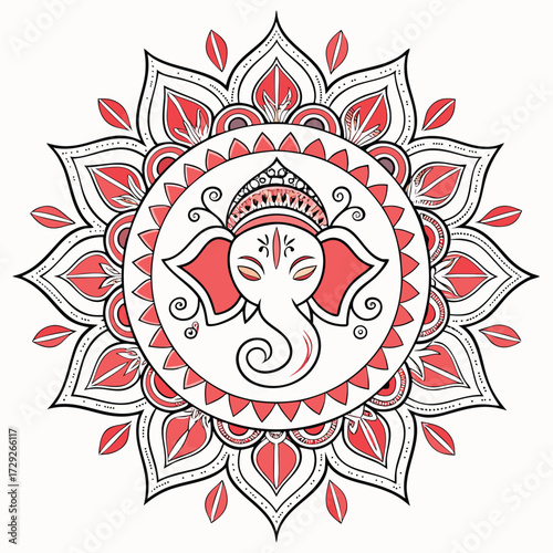 Intricate mandala design featuring lord ganesha s face in red and white with decorative floral elements hindu god ganesha
