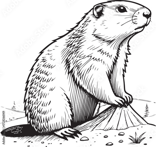 Groundhog Hand-drawn Vector Illustration, Sketch Drawing Doodle Line Linear Symbol Icon Engraving Coloring Book, Black and White Isolated
