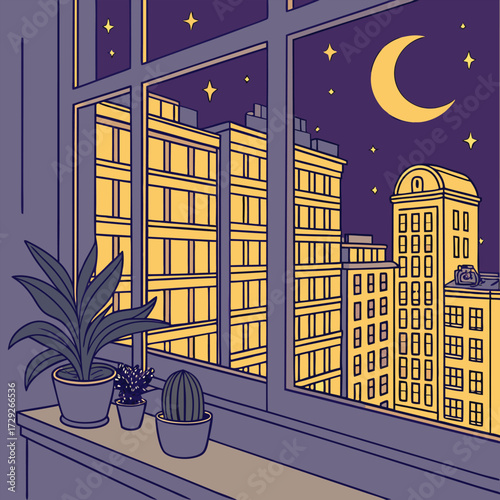 Night view of city skyline through window with plants on windowsill
