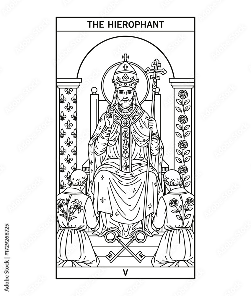 Fototapeta premium Tarot major arcana hierophant vector lineart