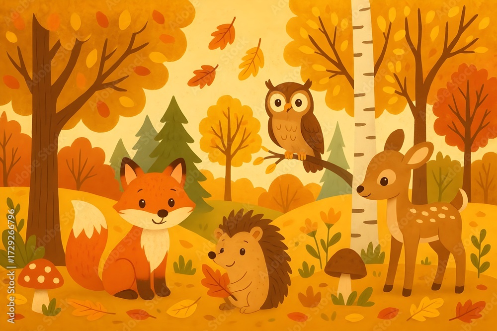 Fototapeta premium Cute autumn forest scene with fox, hedgehog, fawn, and owl amid golden trees, falling leaves, mushrooms, and birch, warm cartoon style for children.