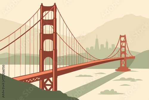 Golden Gate Bridge in San Francisco, California, iconic red suspension bridge spanning foggy bay waters with city skyline beyond