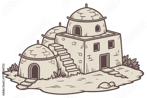 Ancient Village with Domed Huts, a Fantasy Settlement Line Art Illustration