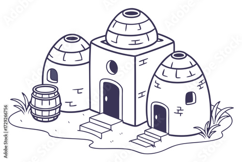 Ancient Village with Domed Huts, a Fantasy Settlement Line Art Illustration