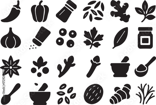 Spices and Seasonings Glyph Icon Set Chili, Ginger, Cumin, Salt Flakes, Herbs, Cinnamon, Peppercorns, Cooking Symbols