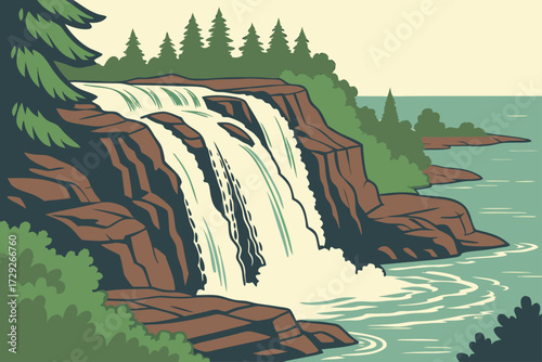 Gooseberry Falls in Two Harbors, Minnesota, multiple-tier cascade flowing over reddish rock into Lake Superior