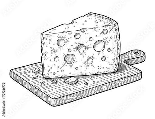 Parmesan cheese in vintage ink style in black and white