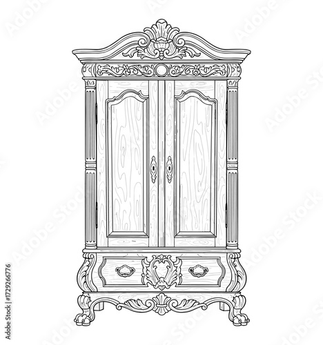 Ornate armoire line drawing in baroque style in black and white