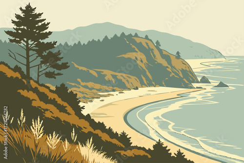 Gold Beach in Oregon, sandy stretch at Rogue River mouth with coastal hills