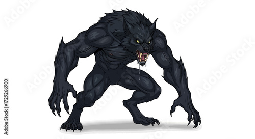 A ferocious black werewolf with glowing yellow eyes, sharp fangs, and long claws crouches menacingly.