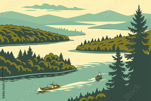 Fulton Chain of Lakes in Adirondacks, New York, series of scenic lakes with charming boat traffic