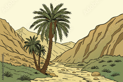 Furnace Creek in Death Valley, oasis of palm trees amid arid rocky slopes