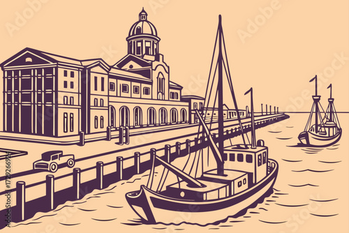 Galveston Harbor in Texas, fishing boats and tankers docked near historic Strand district