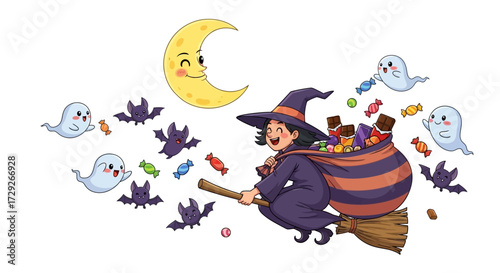 A cheerful witch flies on her broomstick, carrying a sack of candy, accompanied by friendly ghosts, bats, and a smiling moon, celebrating Halloween.