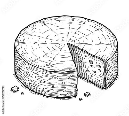 Cheese Wheel Cutaway in Vintage Line Drawing in Black and White