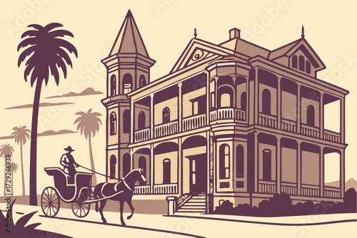 Galveston Strand Historic District in Texas, ornate Victorian iron-front buildings and horse-drawn carriages