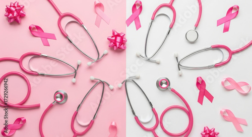 Breast Cancer Awareness Pink Ribbons and Stethoscopes Healthcare Medical Theme