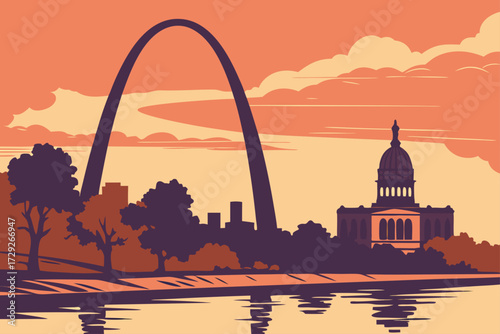 Gateway Arch Observation Deck in St. Louis, Missouri, arched windows overlooking Mississippi River