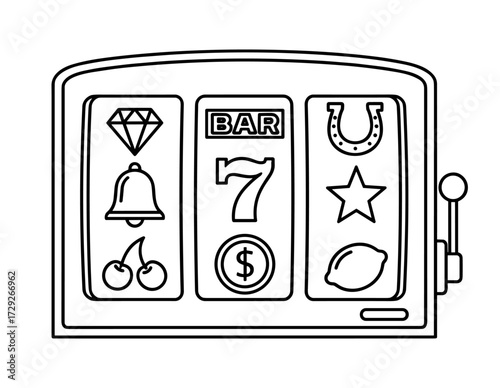 Slot machine illustration in line art style in black and white