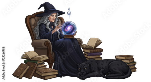A wise elderly witch in a pointed hat gazes into a cosmic crystal ball, with a black panther and stacks of books.