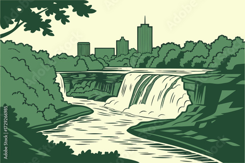 Genesee River in Rochester, New York, cascading over waterfalls with city skyline in the background