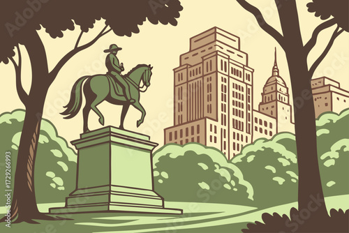 George Washington Statue in Union Square, New York City, bronze equestrian figure framed by trees and city buildings