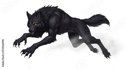 A powerful, muscular black wolf with piercing yellow eyes, depicted in mid-stride with its claws extended, conveying a sense of predatory intensity and wild energy.