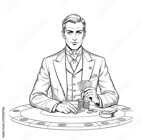 Man at a poker table in black and white vector