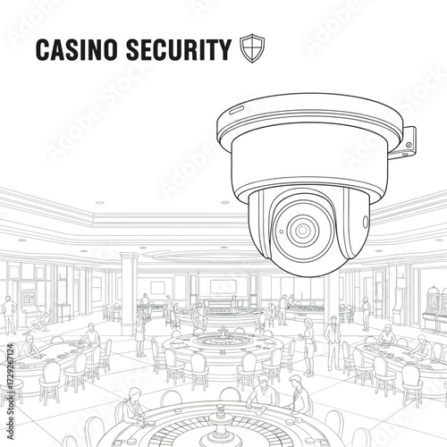 Casino security camera over gaming tables line art in black and white