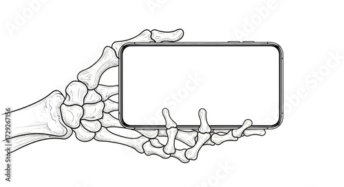 A skeletal hand holding a modern smartphone with a blank white screen.