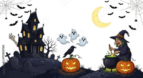 A spooky Halloween scene featuring a haunted mansion, a cackling witch stirring a cauldron, glowing pumpkins, playful ghosts, and flying bats under a crescent moon.