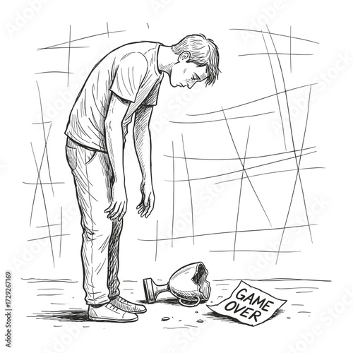 Game over concept, man with broken trophy in sketch