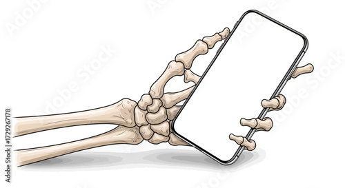 An illustrative skeletal hand and forearm firmly grasp a modern smartphone with a blank white screen, isolated on white.