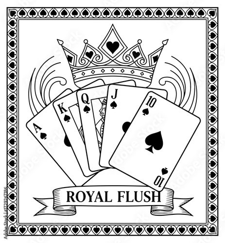 Royal flush with crown vintage line art in black and white