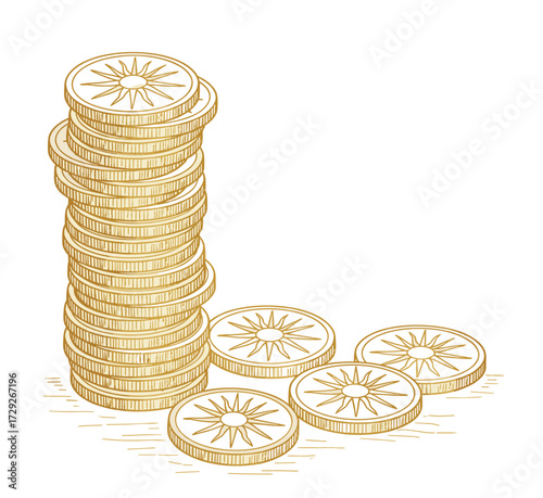 Stack of casino chips engraved illustration in gold and white